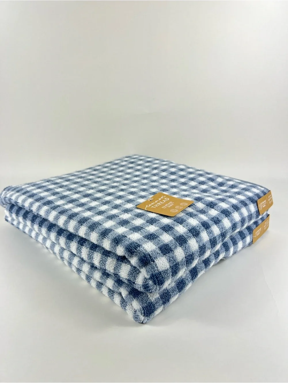Common Thread Bamboo Bath Towels Blue White Check Soft Cotton Blend 2 Pc NEW